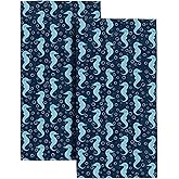 Seahorse Beach Blue Hand Towels for Bathroom 14x28 Inch, Nautical Ocean Decor Bath Hand Towels Set of 2 for Gym Kitchen Hotel Home Decorations,Nautical Bathroom Decor