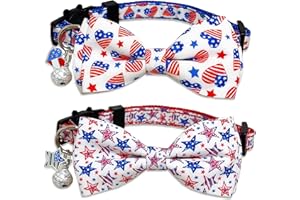 POHSHIDO 4th of July Cat Bow Tie Collar with Bell, Independence Holiday Kitty Kitten Breakaway Collar for Boys and Girls Cats (Patriotic Stars)