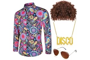 Mepase 4 Pcs Halloween Mens Disco Costume 70s Outfits 60s Hippie Costume Clown Floral Vintage Shirt Afro Wig Necklace Glass