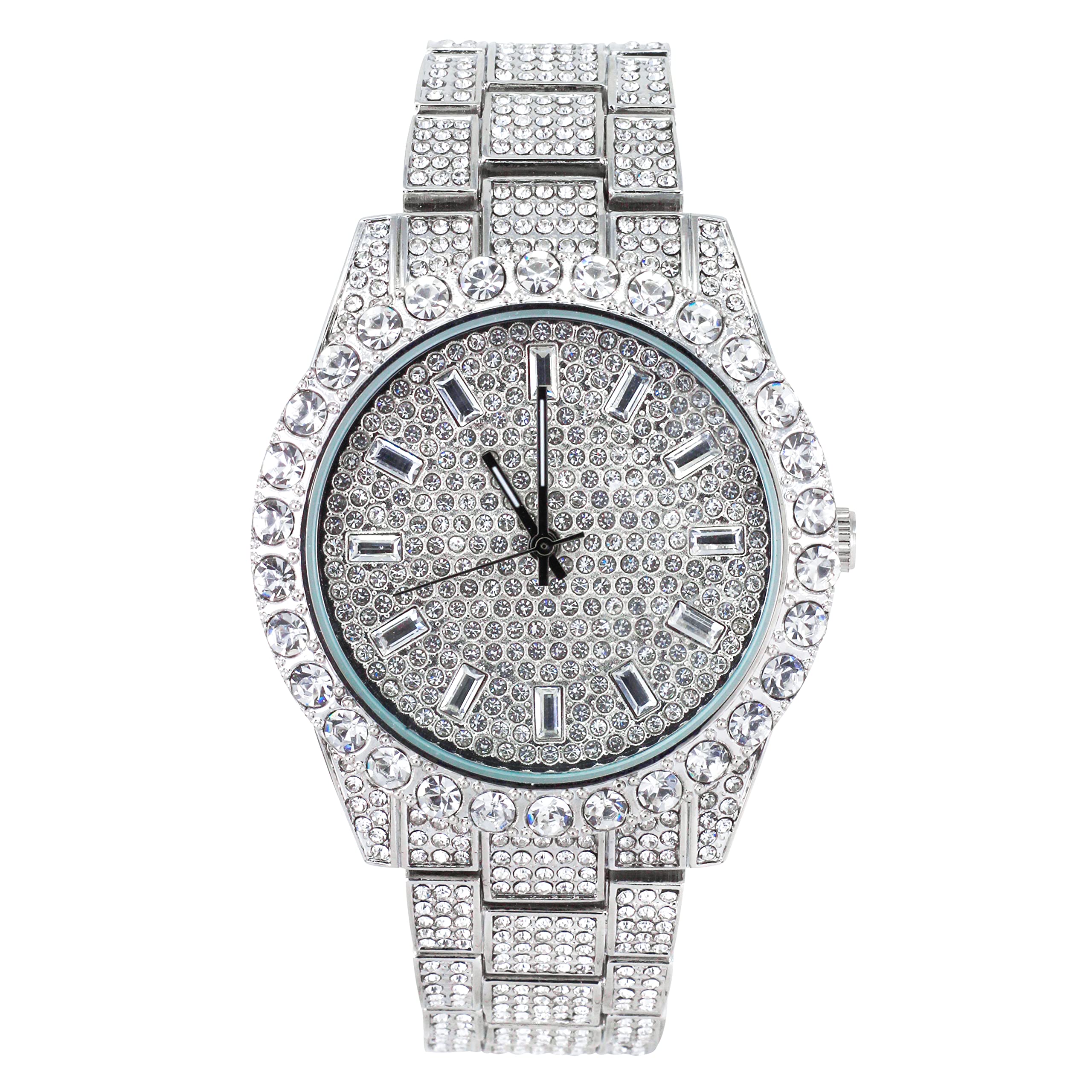 Mens Iced Baguette Dial Watch with Solitaire Bezel and Bling-ed Out Dial,Simulated Diamond Watch,Quartz Movement,Watch Comes in Gold, Silver and Bracelet Sets, mens-standard, Quartz Movement