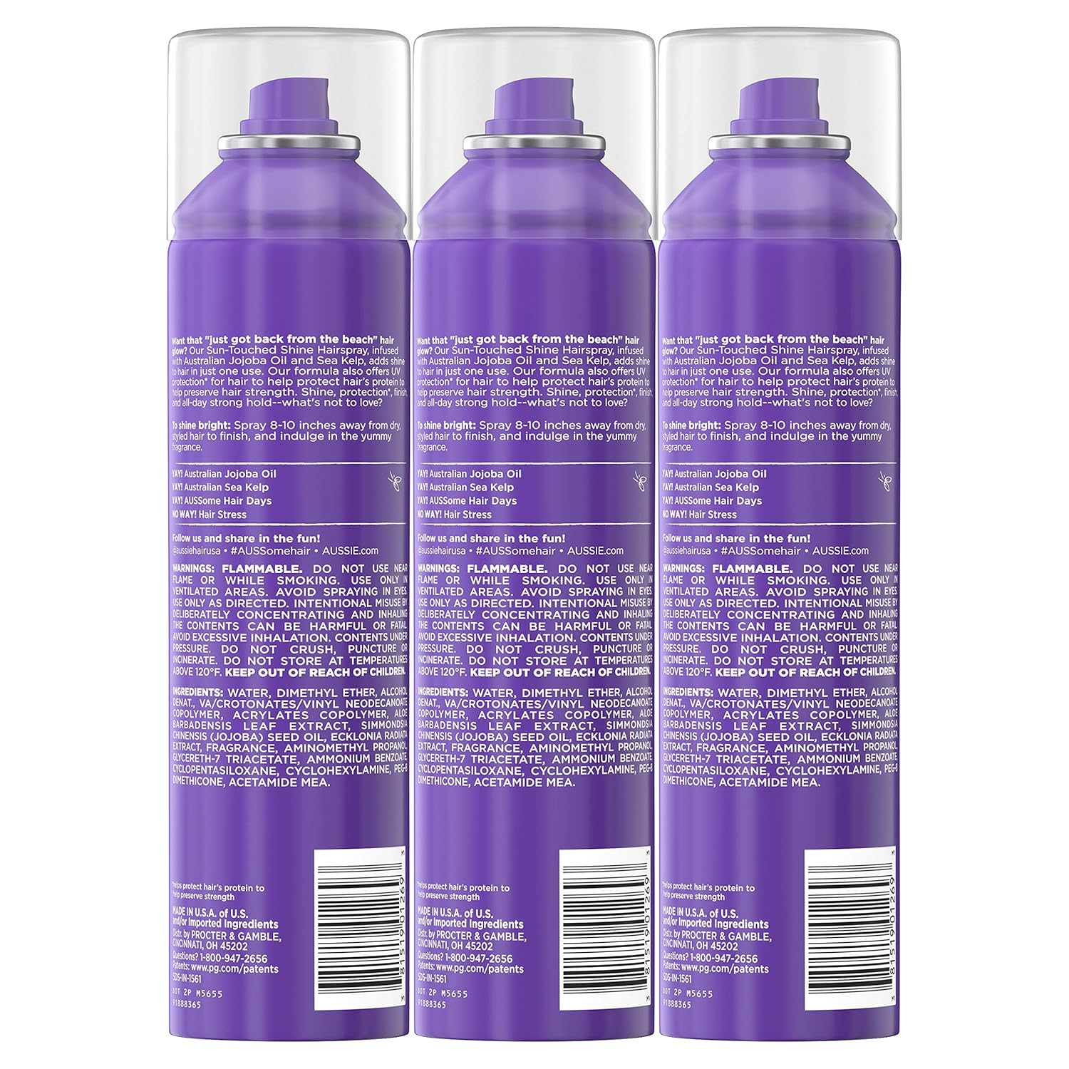 Aussie Hairspray, with Jojoba Oil & Sea Kelp, Sun Touched Shine with UV Protection, 10 oz, Pack of 3 : Beauty
