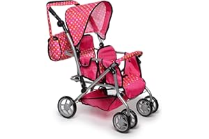 Exquisite Buggy Twin Doll Stroller with Diaper Bag and Swivel wheels & Adjustable Handle - Pink & Polka DOTS Design with 2 Fr