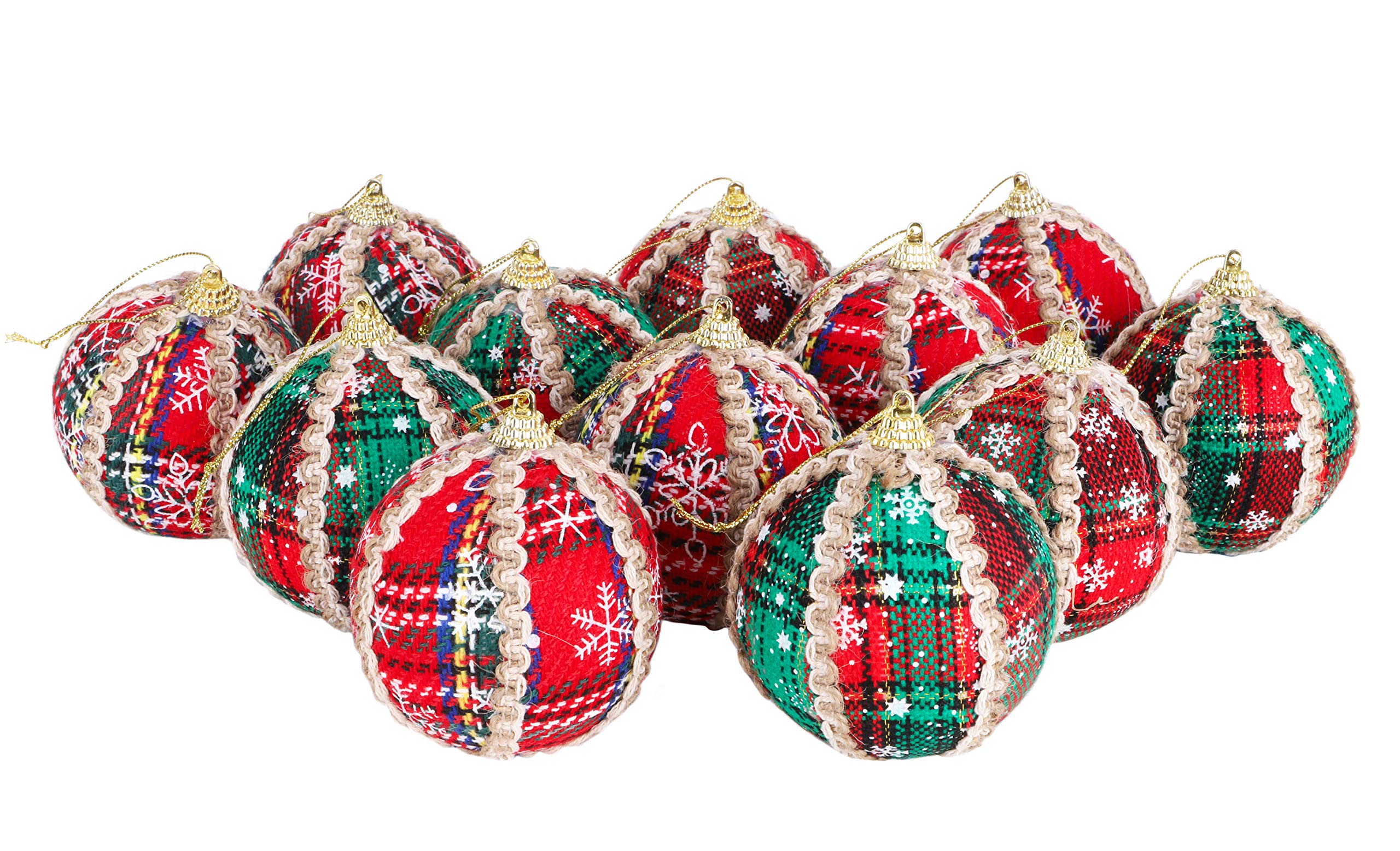 Set of 12 Christmas Baubles - Red Tartan with Cream and Black Decoration