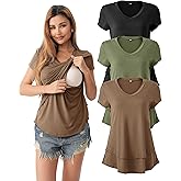 SUNNYBUY 3 Pack Hidden Nursing Tops for Breastfeeding Women Double Layer V Neck Maternity Shirts Postpartum Tee