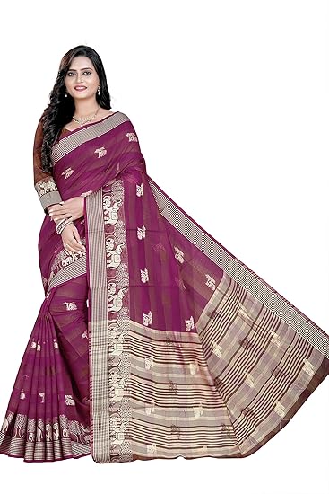 Fashion Women's Woven Pure Cotton Silk Blend Banarasi Style Saree with Blouse