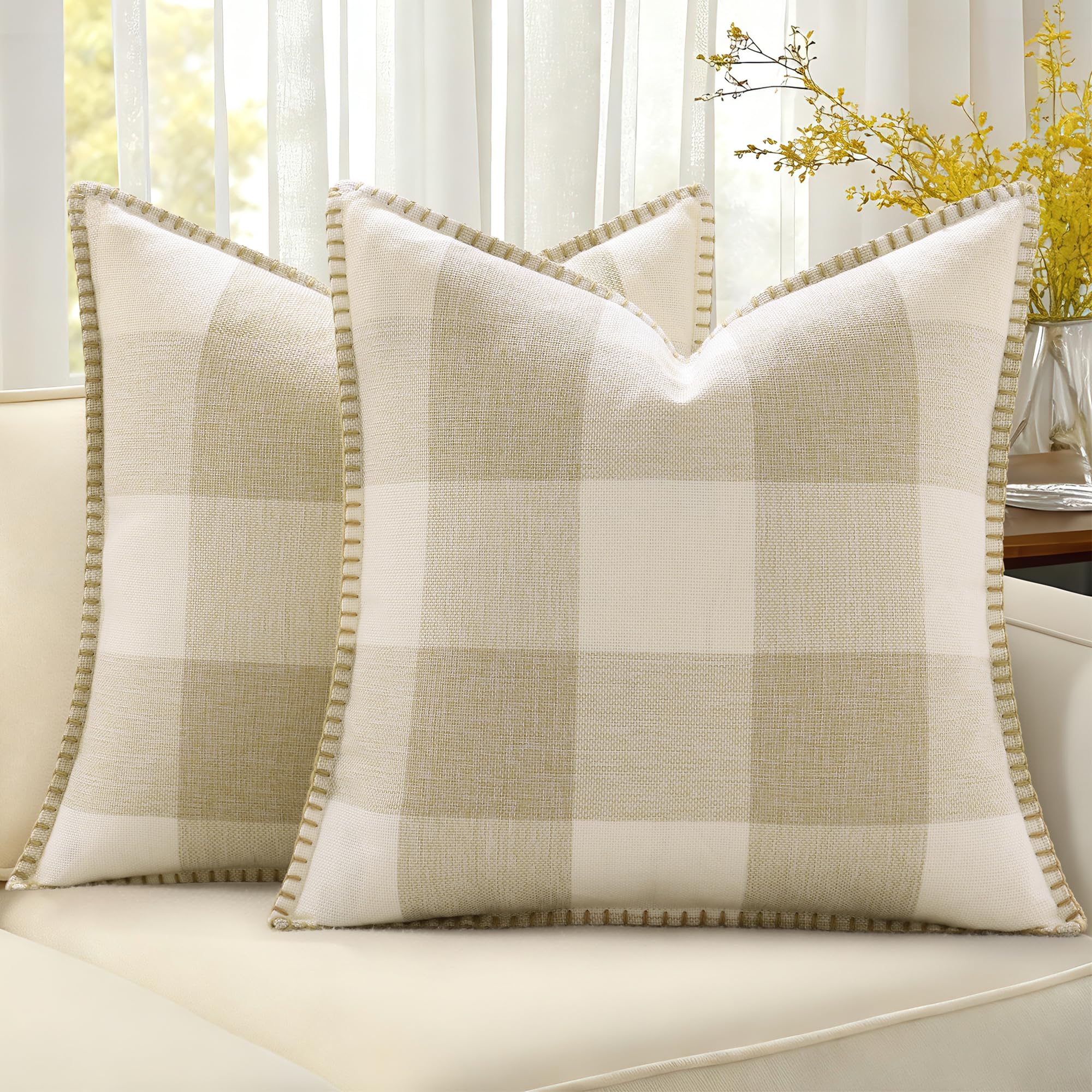 decorUhome Buffalo Check Plaid Cushion Covers Linen Farmhouse Trimmed Edge Decorative Cushion Covers for Sofa 50x50cm, Cream White and Beige, Set of 2 — image 1