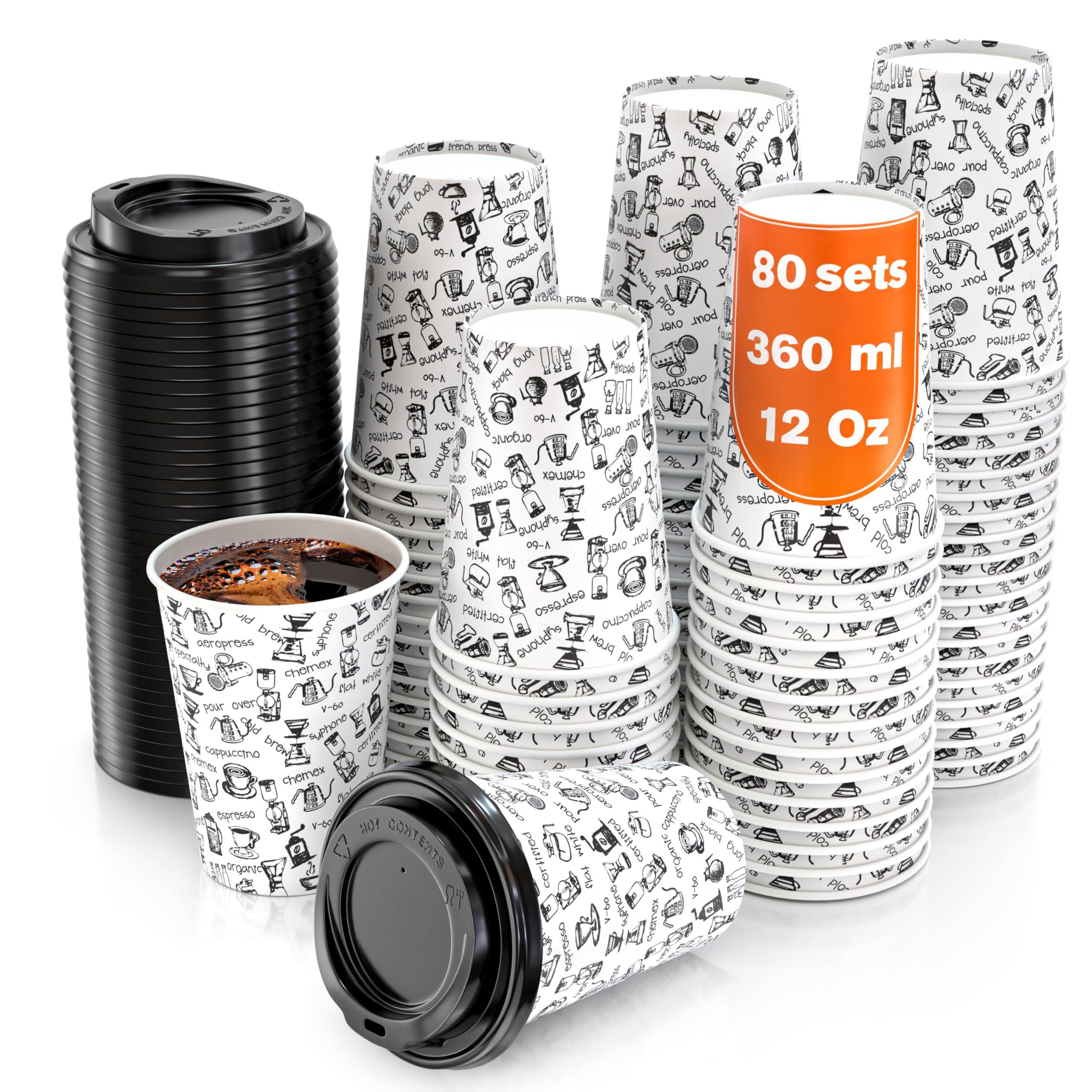 CupCup 80 Paper Cups Coffee to Go - 12 Ounces Coffee Cups with Lids and Wooden Stirrers for Serving Coffee, Tea, Hot and Cold Drinks