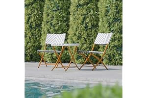 BizChair Three Piece Commercial Grade Foldable French Bistro Set, Indoor/Outdoor PE Rattan Back, Seat and Table Top, Navy/White with Natural Steel Frames