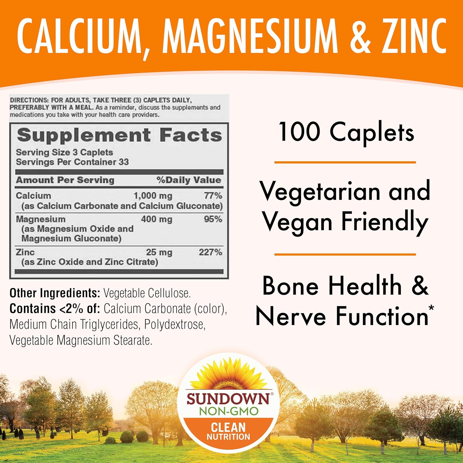 Sundown Calcium, Magnesium and Zinc for Immune Support, 100 Caplets (Packaging May Vary) Vegetarian, Vegan-Friendly, Non-GMOˆ, Free of Gluten, Dairy, Artificial Flavors: Health & Personal Care