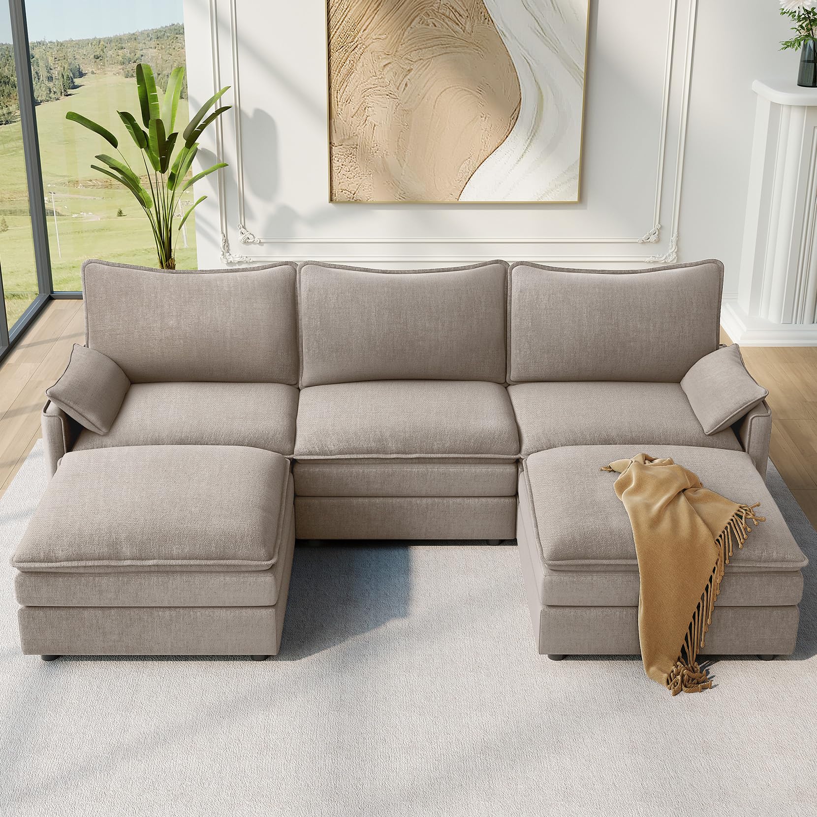 Photo 1 of ***4 BOXES***Vesgantti 108" U Shaped Sectional Couch, Comfy Cloud Modular Sectional Sofa with 2 Ottoman Deep Seat Chenille Modern Cloud Sofa, Modular Sofas for Living Room, Bedroom and Apartment, Light Brown