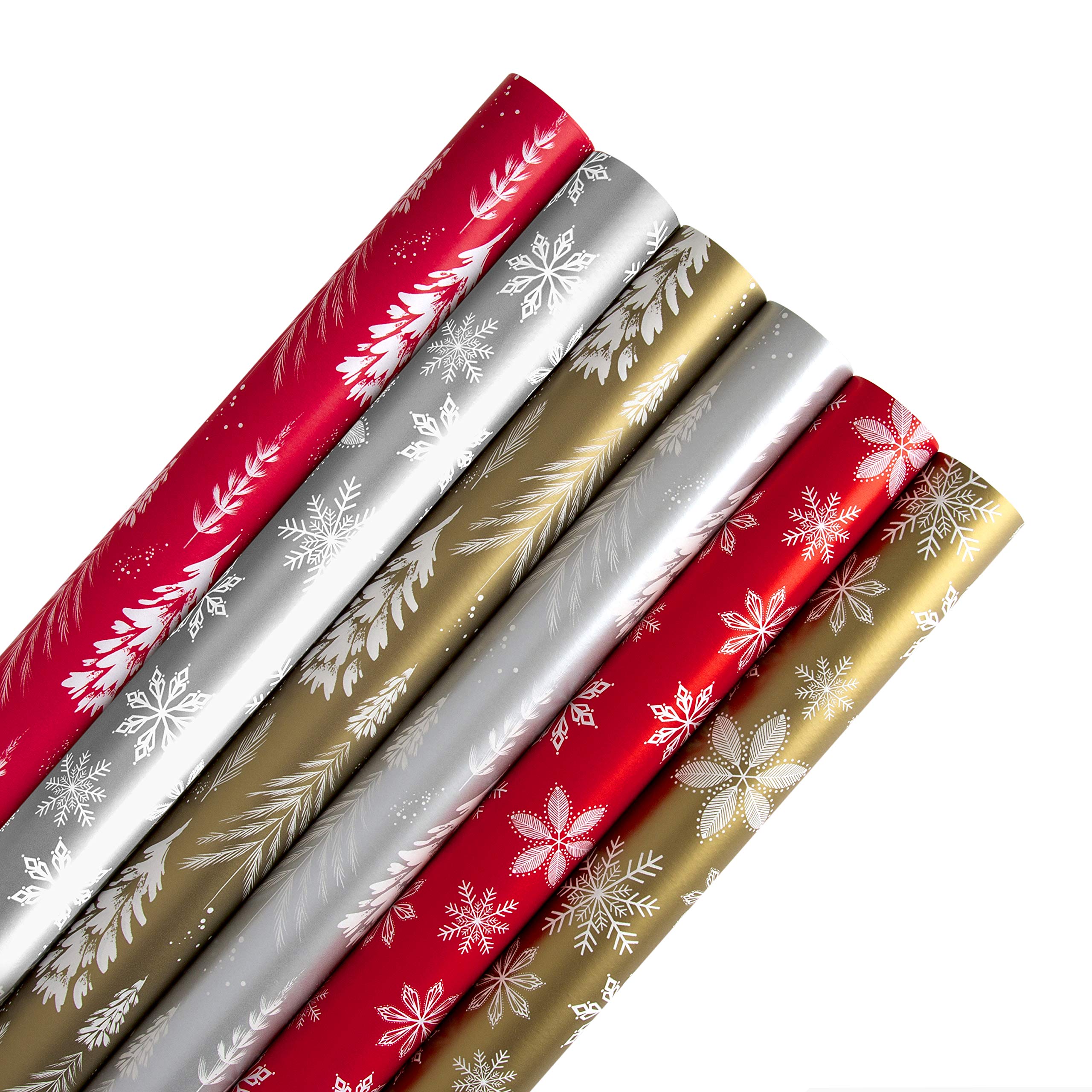 Hallmark Christmas Wrapping Paper, Pack of 6 Gift Wrap, 3M Each, 2 Festive Designs, Trees, Snowflakes, Red, Silver, Gold