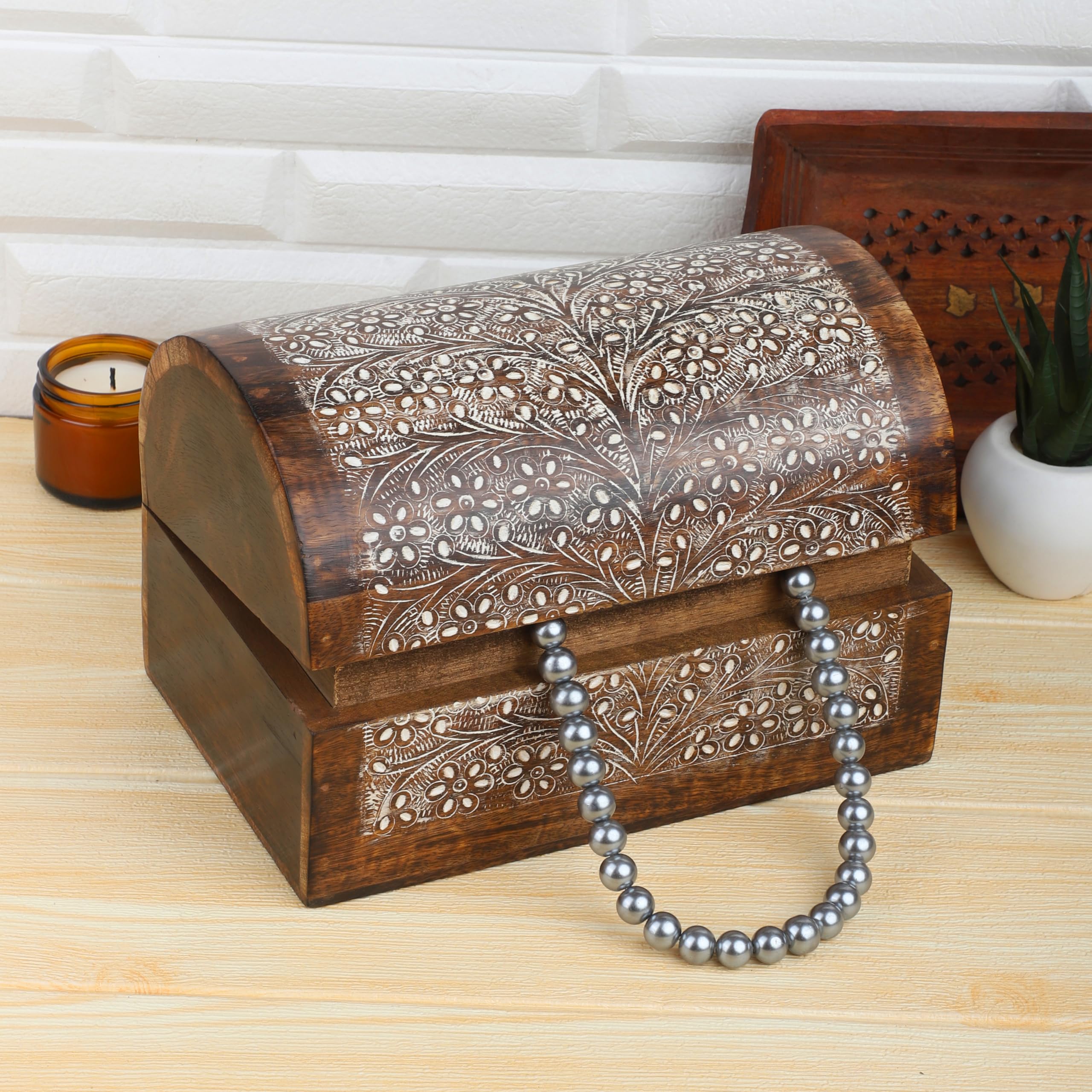 Ajuny Handcrafted Decorative Wooden Jewelry Box Floral Pattern Multipurpose Treasure Chest Jewellery Storage Organizer Trinket keepsake Earrings, Necklaces Watch Box, Great for Gifts - 9x6 Inch