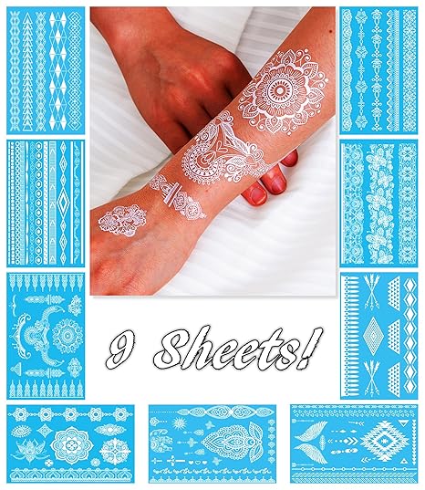 Weiße temporäre Tattoos für Frauen Teens Girls - 9 Blatt weiße Spitze gefälschte Sticker - Braut Hochzeit Tattoo Motive Schmu