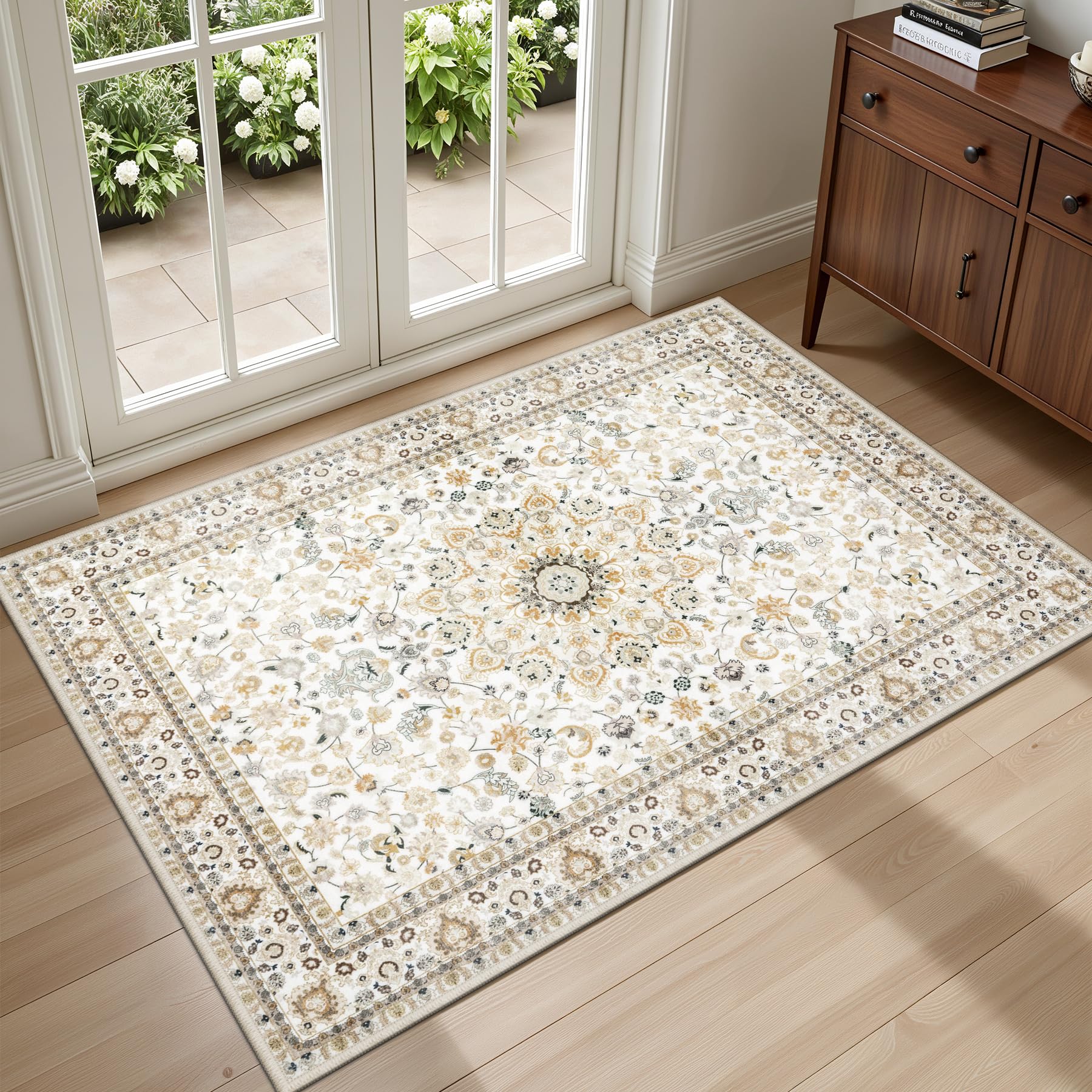 2x3 Area Rugs Living Room Rug: Washable Vintage Boho Rug No Slip Stain Resistant Soft Carpet Indoor Floor Floral Large Carpets for Bedroom Dining Room Farmhouse Nursery Hallway Home Office Beige