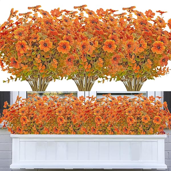 DRT DERUITAI 8 BUNDLES ARTIFICIAL FALL FLOWERS OUTDOOR,UV-RESISTANT FAKE FALL FLOWERS NO FADE OUTDOOR PLASTIC FAUX FLOWER PLANTS FOR OUTSIDE HOME DECOR(ORANGE GREEN)