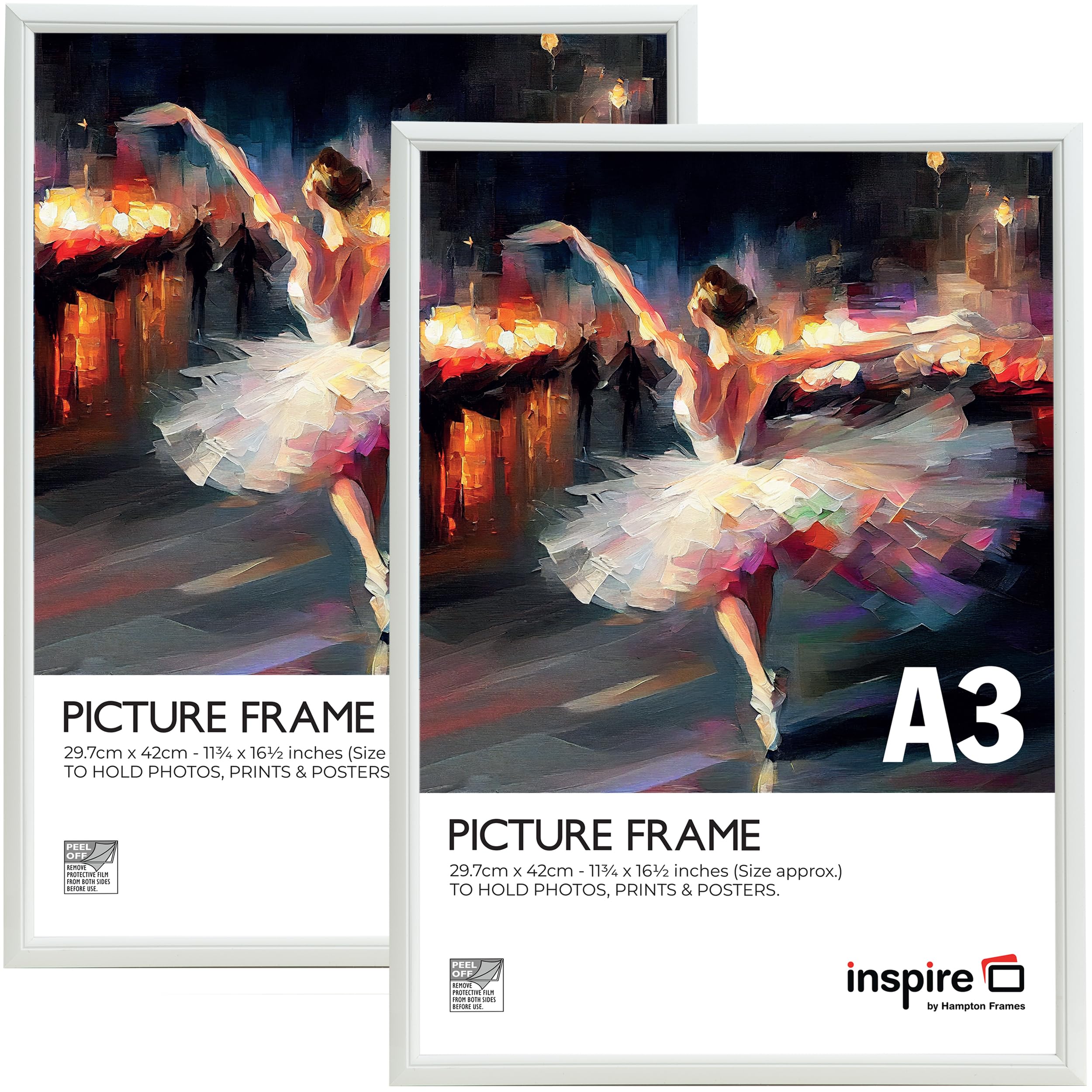 inspire by Hampton Frames | Picture Poster Frame 2-Pack | A3 (30x42cm), White, Plastic, Foil Wrapped | Acrylic Non-Glass Front, Wall Mount, Drop In Back | For Photos, Certificates, Art Display