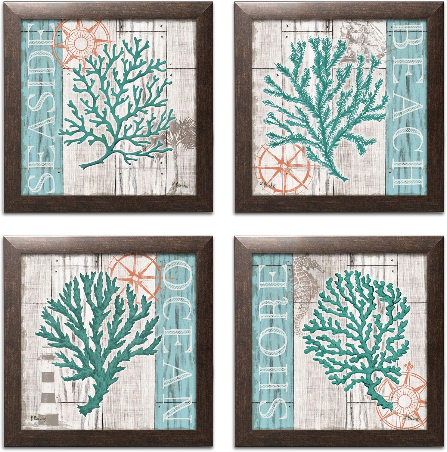 4 Teal Coral Nautical Signs Seaside Beach Shore Ocean Coastal Decor Four 12 By 12 Inch Brown Framed Prints Ready To Hang Amazon Ca Home Kitchen