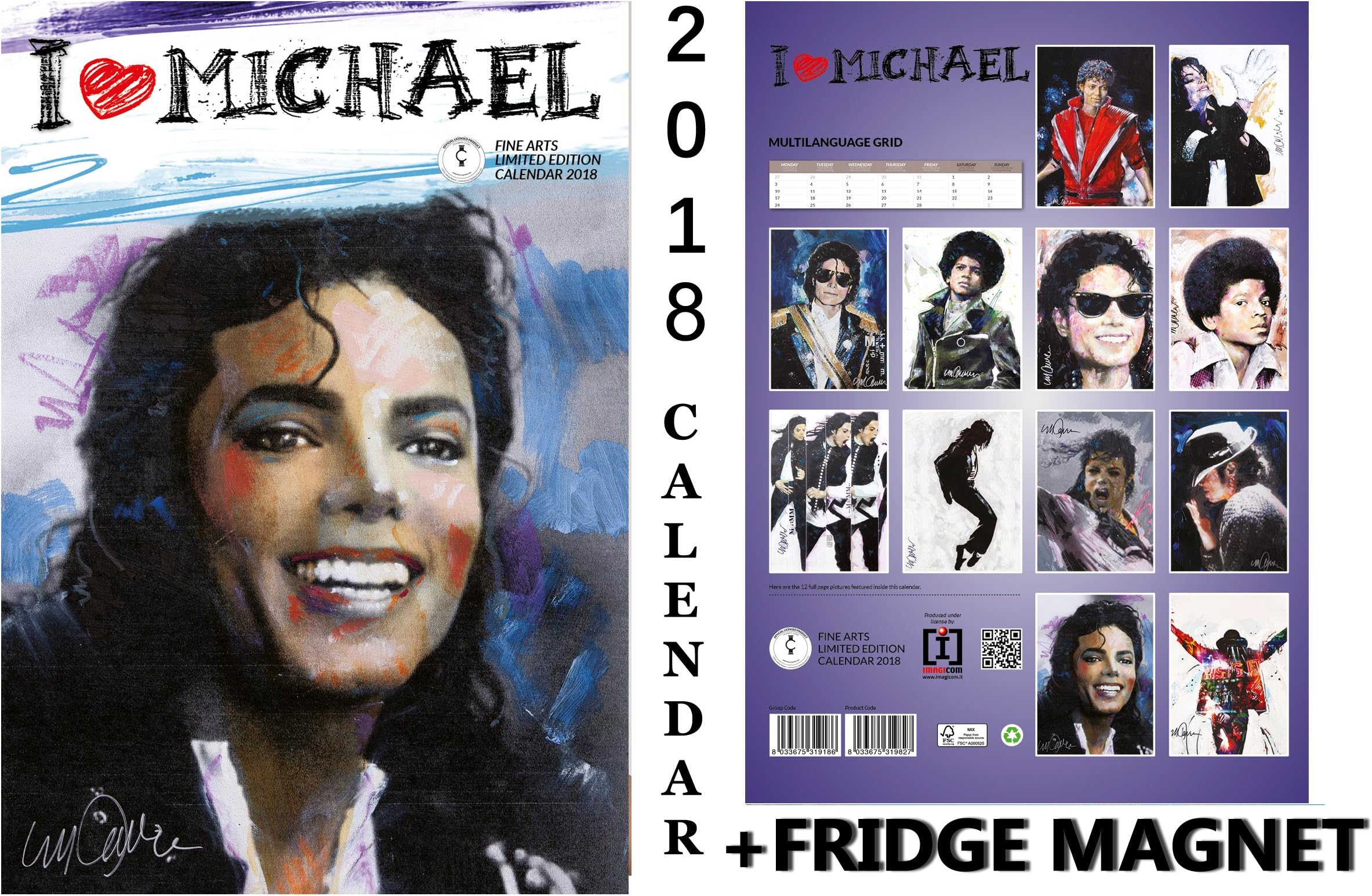 MICHAEL JACKSON OFFICIAL CALENDAR 2018 FINE ARTS LIMITED EDITION + MICHAEL JACKSON FRIDGE MAGNET