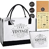 Crisky 60th Birthday Gifts for Women Canvas Tote Bag Vintage 1965 Beach Bag and Cosmetic Bag, Gift Card with Envelope & Stickers for Wife/Sister/Mom/Aunt/Friends