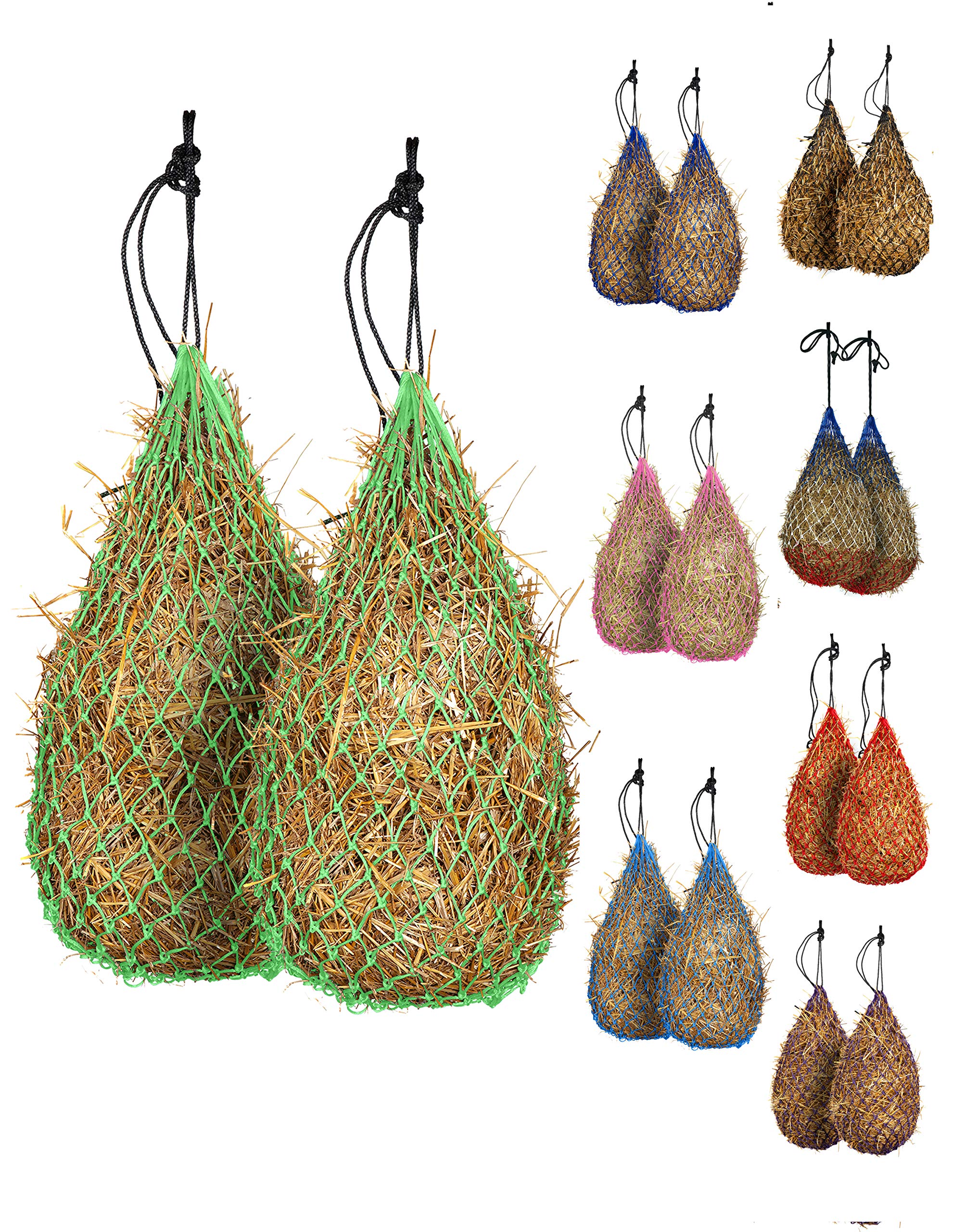 Majestic Ally 2 pcs Slow Feed 42” Hay Net for Horses, Strong Small 2x2” Holes, Nylon Rope Hanging, Adjustable Travel Feeder for Trailer and Stall, Simulates Grazing, Reduce Waste (Lime Green) — image 1