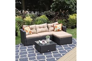 PHI VILLA Patio Sectional Wicker Rattan Small L-Shaped Outdoor Furniture Sofa Set Clearance with Upgrade Rattan (3 Piece,Beige)