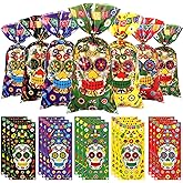 Pajean 100 Pcs Dia De Los Muertos Goodie Bags Day of the Dead Gift Bags with Golden Twist Ties Dia De Los Muertos Sugar Skull Party Favors for Mexican Party Day of the Dead Supplies Decor