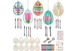 TREACLUB 10 Packs Wind Chime Kit for Kids, Make Your Own Easter Egg Wind Chime 3D Wooden DIY Coloring Easter Craft Unfinished Wooden Egg Ornaments Spring Party Decoration for Boys Girls
