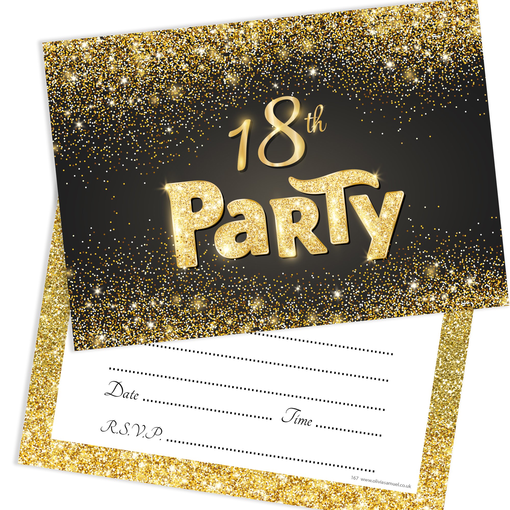 Olivia Samuel 20 x Black and Gold Effect 18th Birthday Party Invitations from Ready to Write with Envelopes