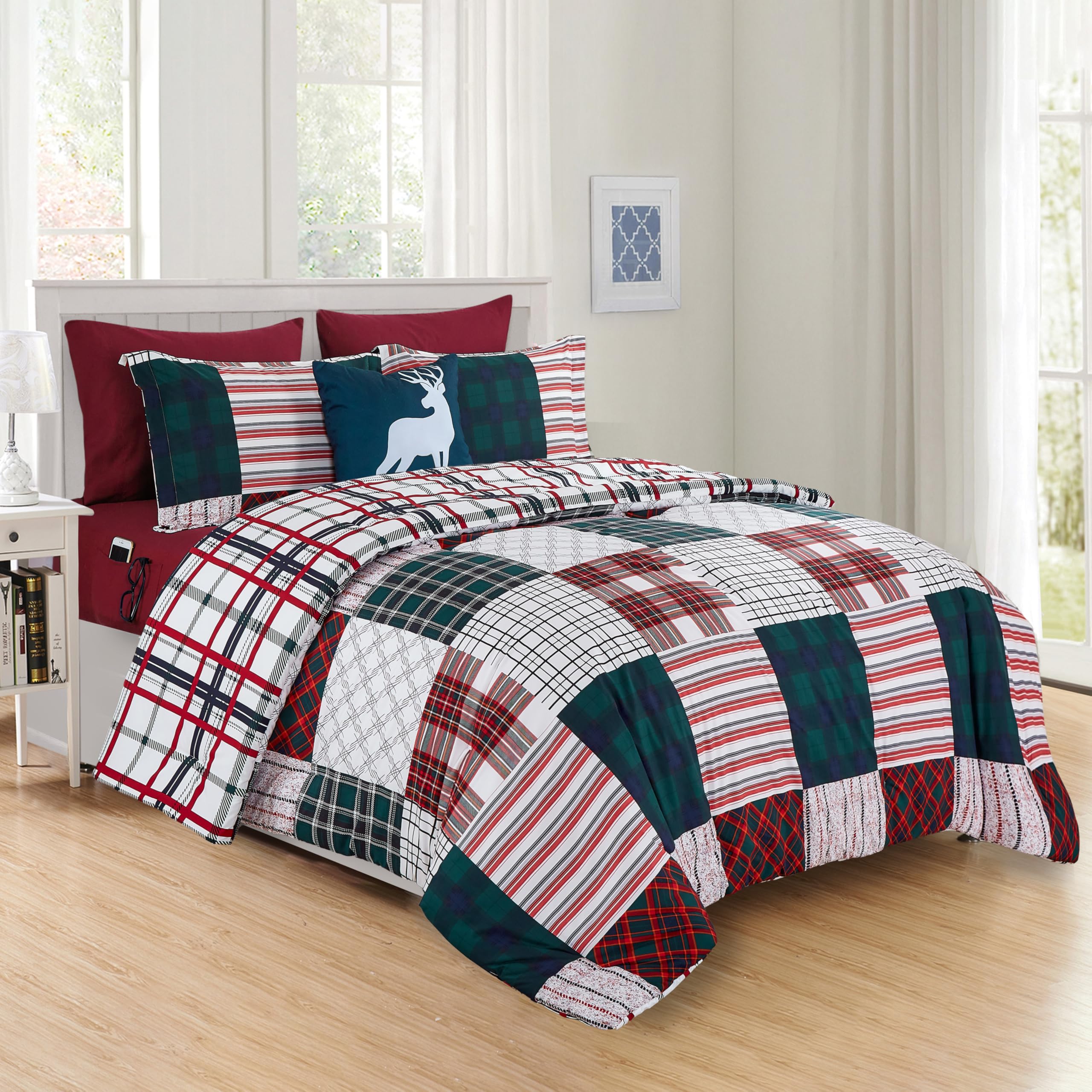 Elegant Comfort 8- Piece Cabin Patch Reversible Comforter Set Bed-in-a-Bag Set - Silky Soft Complete Set Includes Bed Sheet Set with Double Sided Storage Pockets, Full/Queen, Burgundy Image