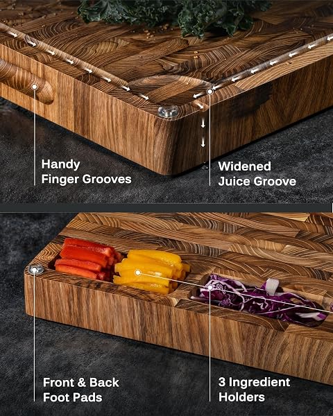 KYOKU END GRAIN WOOD CUTTING BOARD, 20X15 IN. BOARD FOR KITCHEN WITH 3 INGREDIENT HOLDERS & WAX OIL INCLUDED, REVERSIBLE TEAK WOOD CUTTING BOARD BUTCHER BLOCK FOR CHOPPING CUTTING CARVING