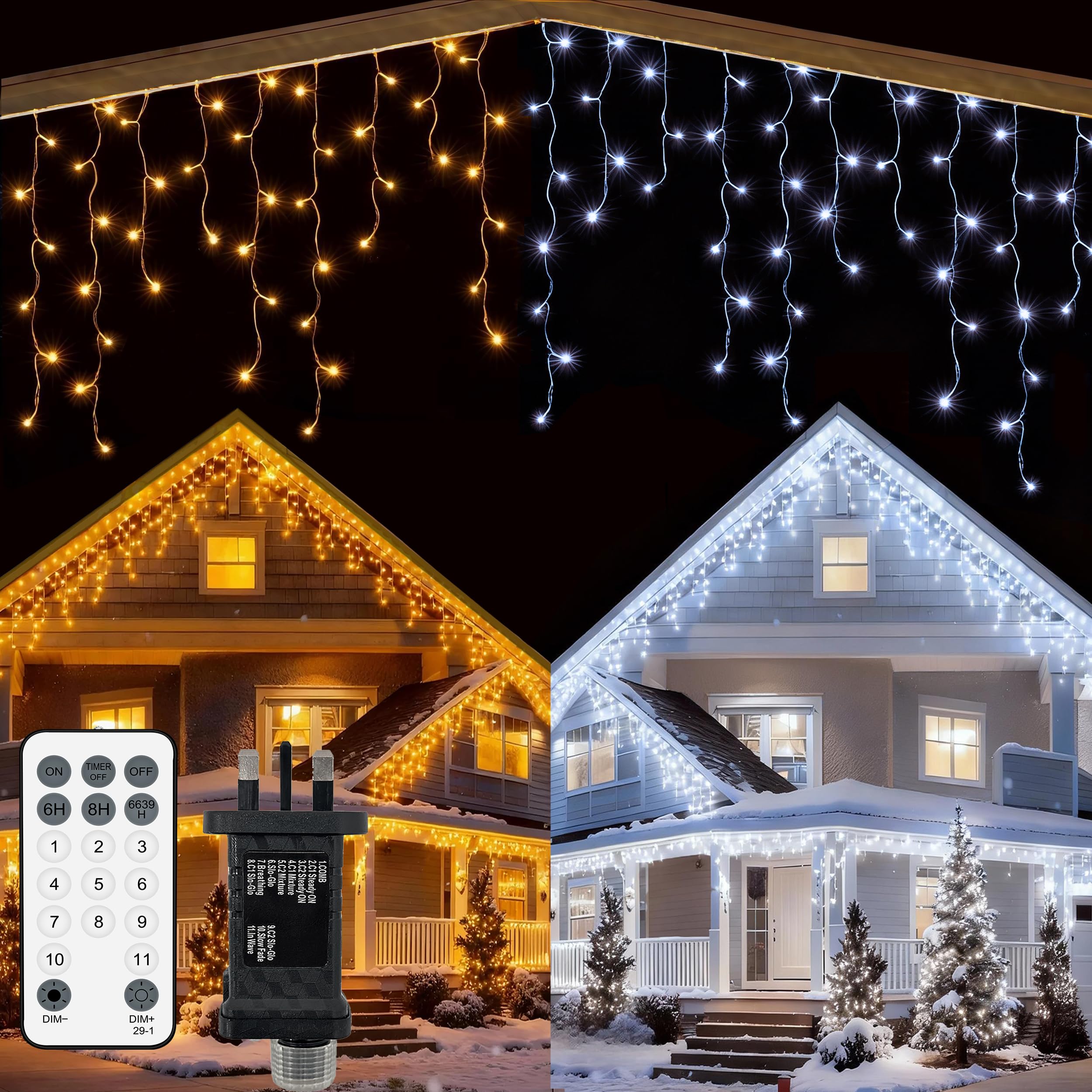 YOSION 300 LED Icicle Lights Curtain String Light, 9M/29ft with Remote Control, Timer, Warm White to White Color Changing, for Indoor & Outdoor, Christmas, Halloween, Gazebo, Eaves, Stairs Decor