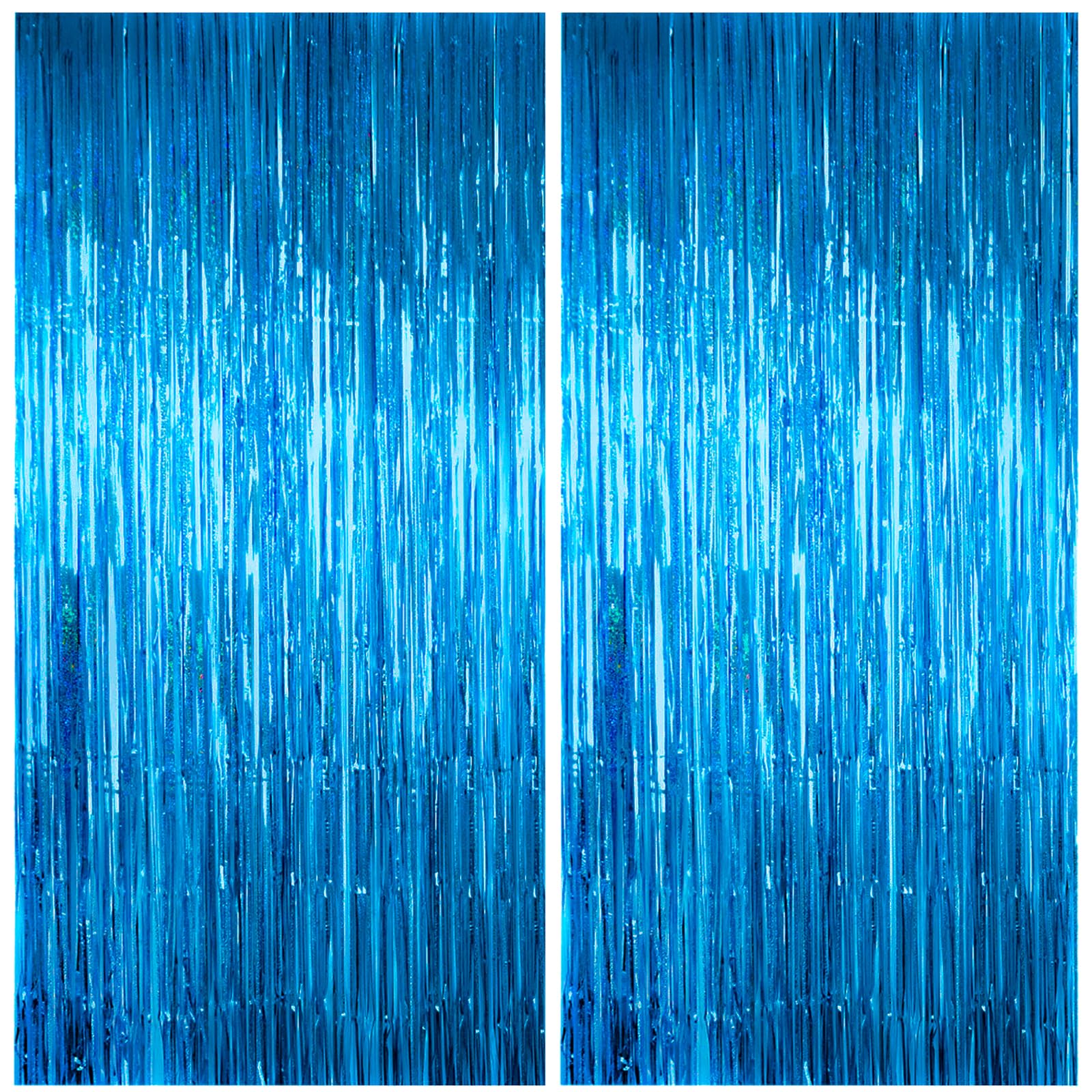 Photo 1 of 2 Pack Shiny Blue Tinsel Foil Fringe Curtains Party Streamers Party Photo Backdrop for Birthday Ocean Themed Beach Under The Sea Decoration