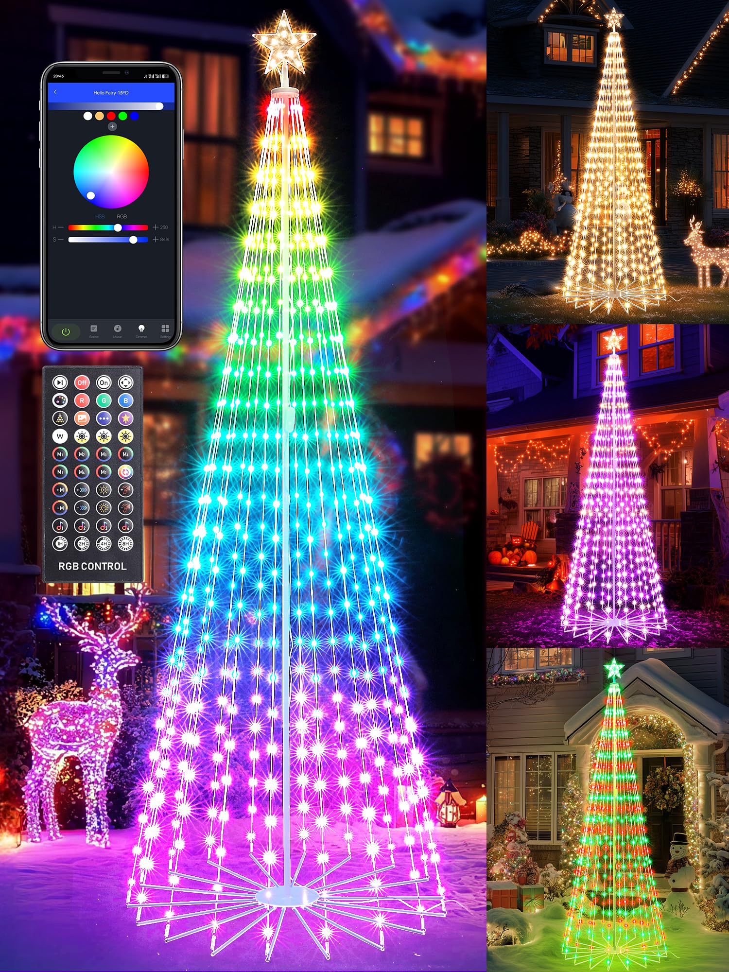Photo 1 of Flacchi Smart Christmas Outdoor Tree Lights - Star Tree Topper with Removable Bracket, App Control, Sync with Music, Waterfall Colored Lighted for Holiday Decorations (8.8FT/ Rope Lights)