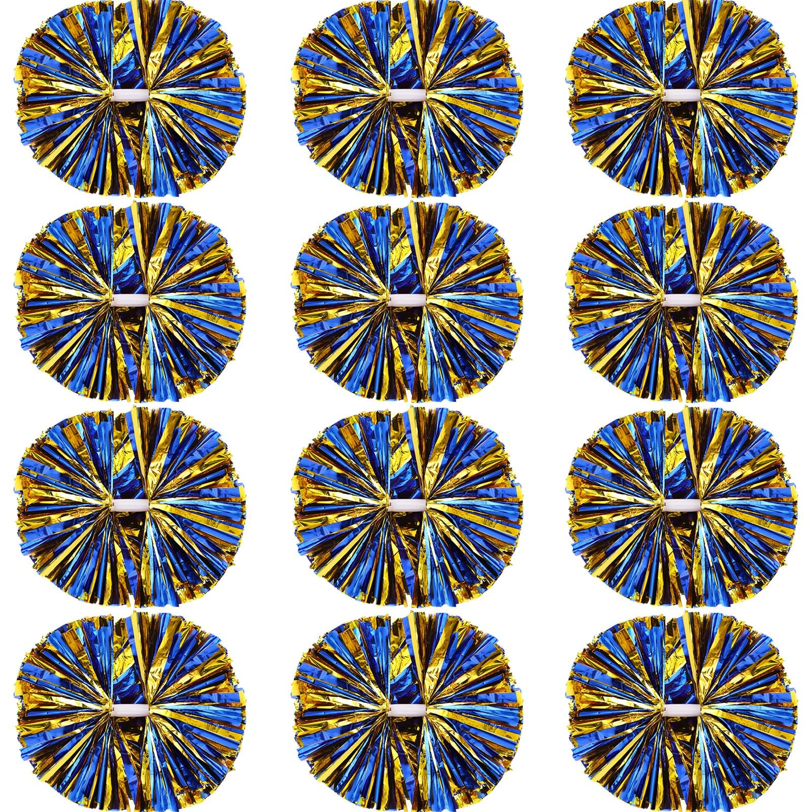 Photo 1 of Hoteam 12 Pack Cheerleading Pom Poms Cheer Pompoms with Baton Handle Metallic Foil Pompoms for Adult for Team Sports Party Dance Cheering Squad Accessories, 14 Inch (Blue and Gold)