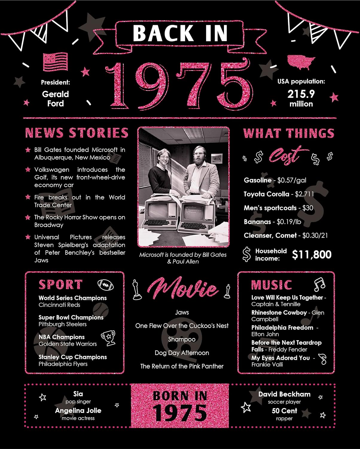 Wall Décor - Back in 1975 Birthday Card - 48th Birthday Gift for Women - 48th Birthday Decoration for Her or Him - Table Centerpiece for 48 Years Old Birthday Party - Black and Pink Poster [Unframed 8x10]