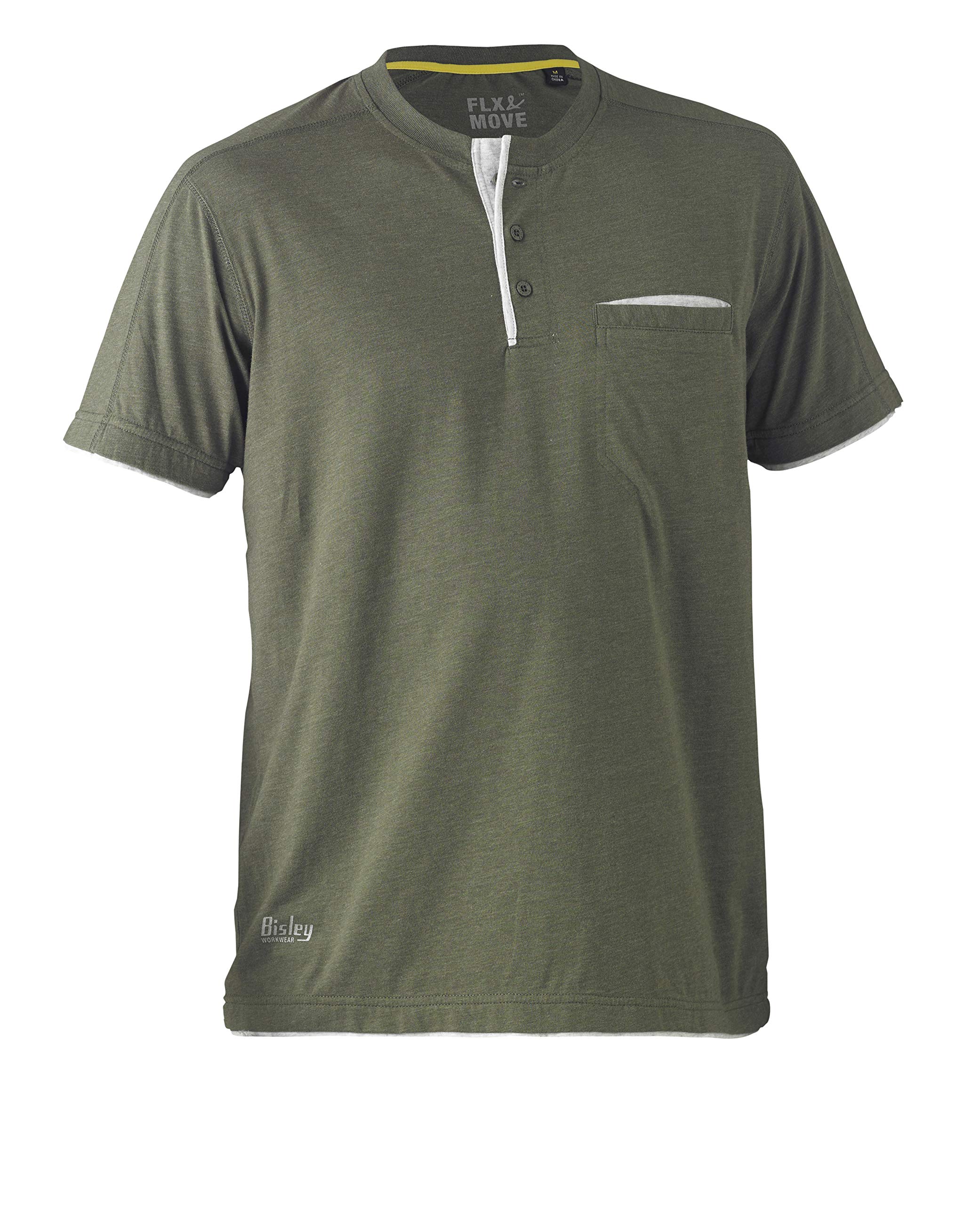 Bisley Workwear UKBK1932_BTHY Flex & Move Cotton Henley T-Shirt Short Sleeve - Green Marle, XL