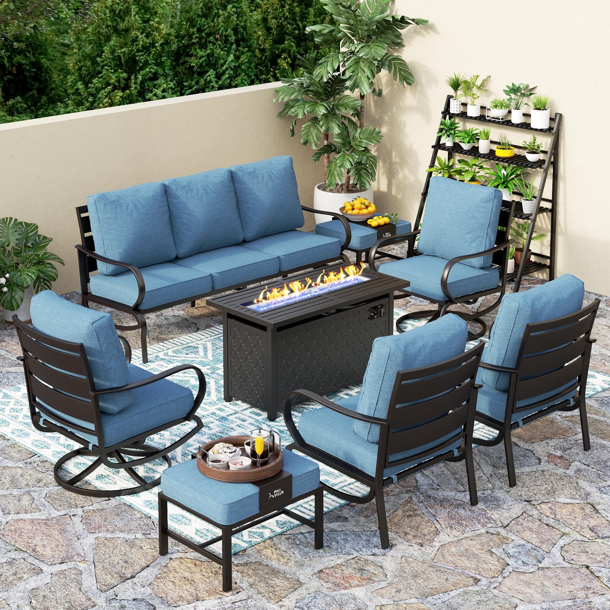 PHI VILLA 8 Piece Metal Patio Furniture Set with Fire Pit Table, Denim Blue