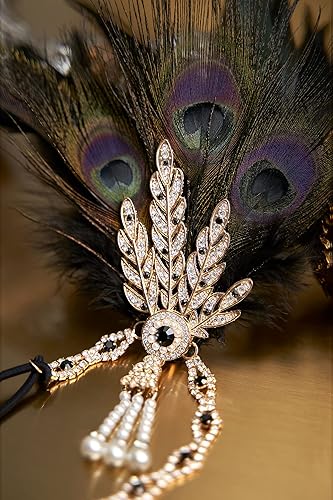 BABEYOND 1920s Flapper Peacock Feather Headband Roaring 20s Pearl