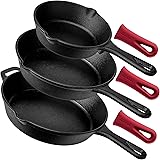 Pre-Seasoned Cast Iron Skillet 3-Piece Chef Set (6-Inch 8-Inch and 10-Inch) Oven Safe Cookware - 3 Heat-Resistant Holders - I