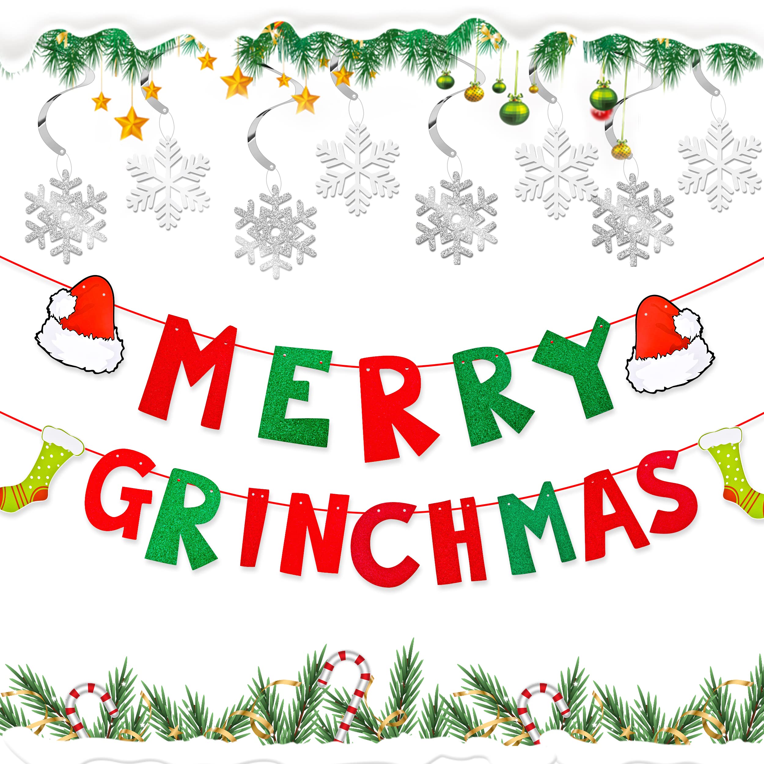 Abitoncc Merry Grinchmas Banner - Grinch Christmas Decorations Snowflake Ceiling Decorations Bunting for Fireplace