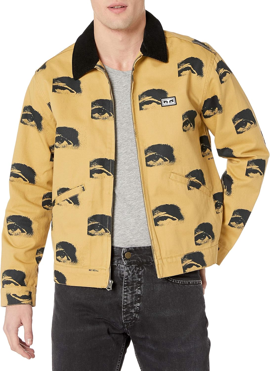 Obey Men's Boxy fit. Printed Zip Jacket with Contrast Corduroy Collar: Clothing