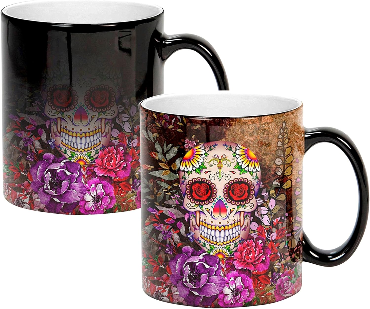 Sweet Gisele | Sugar Skull Ceramic Mug | Heat Activated | Color Changing Coffee Cup | Floral Pattern | Reveals Vivid Colors | Great Novelty Gift | Black | 11 Fl. Oz