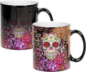 Sweet Gisele | Sugar Skull Ceramic Mug | Heat Activated | Color Changing Coffee Cup | Floral Pattern | Reveals Vivid Colors | Great Novelty Gift | Black | 11 Fl. Oz