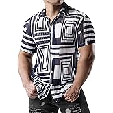 JOGAL Mens Mesh See Through Floral Shirts Stretch Wrinkle-Free Regular Fit Short Sleeve Casual Button Down Summer Shirts