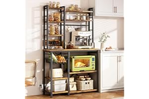 SAYZH Baker Rack with Power Outlet - Large Microwave Stand with Storage, Kitchen Coffee Bar Station, Rustic Brown and Black, 14.5" D x 36" W x 72" H