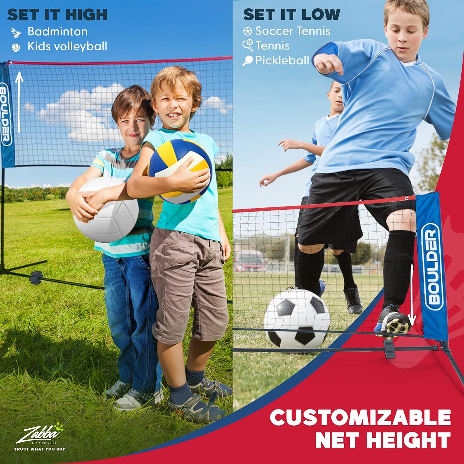 Boulder Portable Badminton Net Set - for Tennis, Soccer Tennis, Pickleball, Kids Volleyball - Easy Setup Nylon Sports Net with Poles : Sports & Outdoors