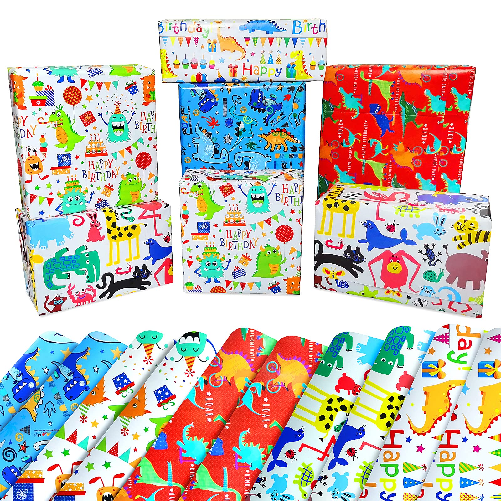 Kids Birthday Wrapping Paper for Boys, Dinosaur Wrapping Paper Sheets Happy Birthday Gift Wrap for Childrens, Monsters Animals Children Gift Wrapping Paper Eco Gift Wrap Paper