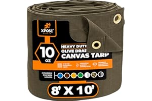Xpose Safety Canvas Tarp - 10oz Olive Drab Canvas Tarps Heavy Duty Water Resistant with Brass Grommets- Multipurpose Outdoor Tarpaulin for Camping, Canopy, Trailer, Equipment Cover 8' x 10'
