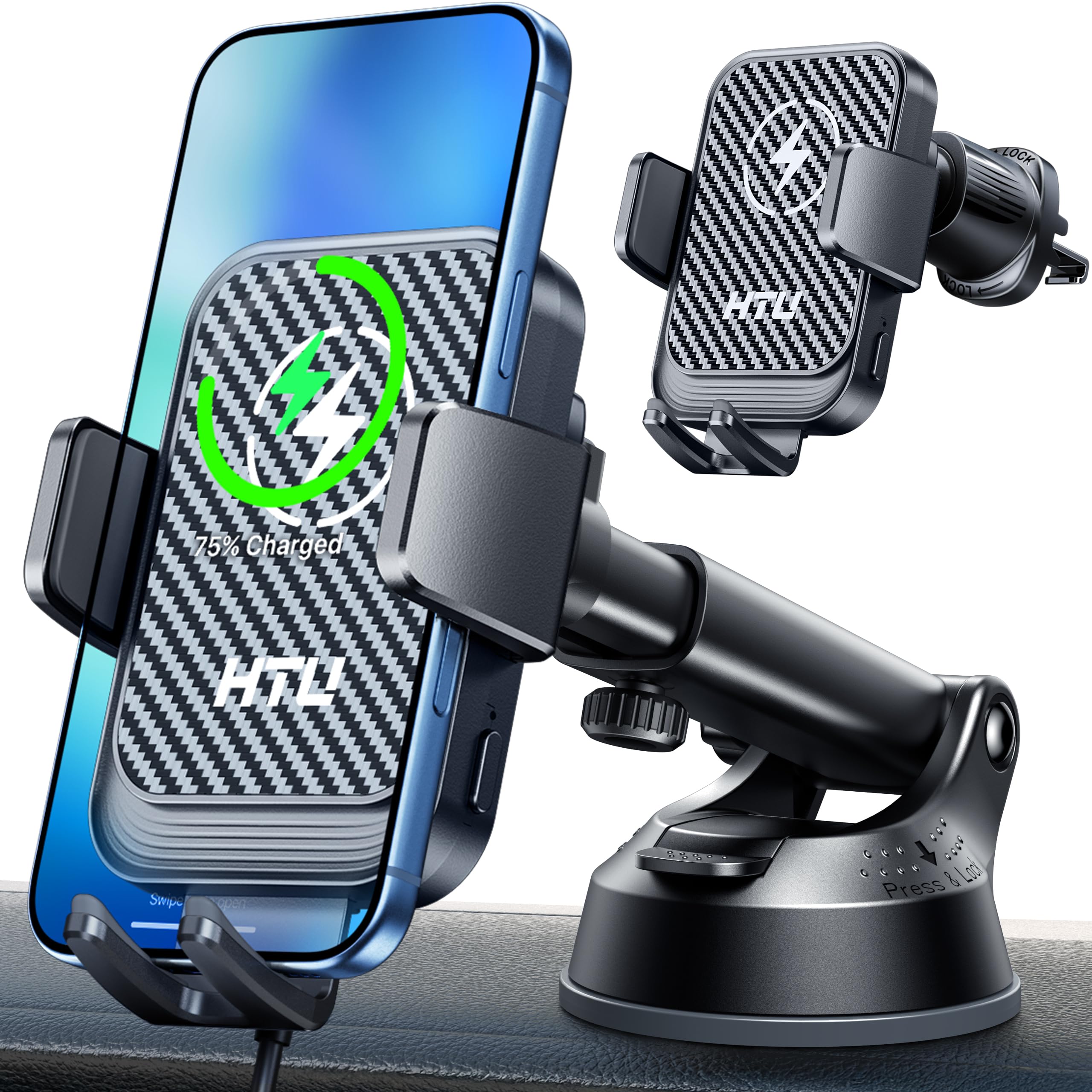 Wireless Car Charger, 15W Fast Charging Auto Clamping Car Charger Phone Mount Phone Holder fit for iPhone 17 16 15 14 13 12 Pro Max 11 SE XR XS for Samsung Galaxy S25 Ultra S24 S23,Black