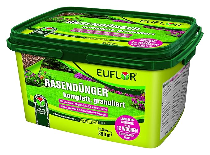 Euflor Rasendünger 12,5kg granuliert•milder Organisch-mineralischer Spezial-Dünger 10+4+5 mit 2% MgO und 1% wasserlöslichem E